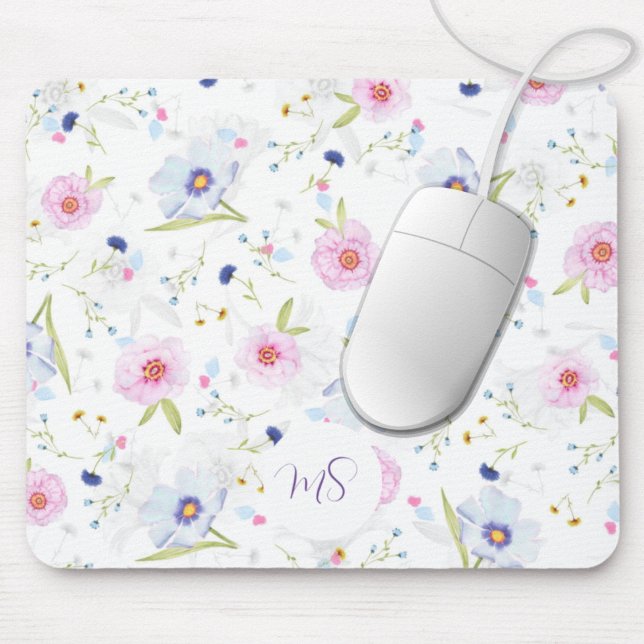 Pastel Blue & Pink Flowers Personalised Mouse Pad (Creator Uploaded)
