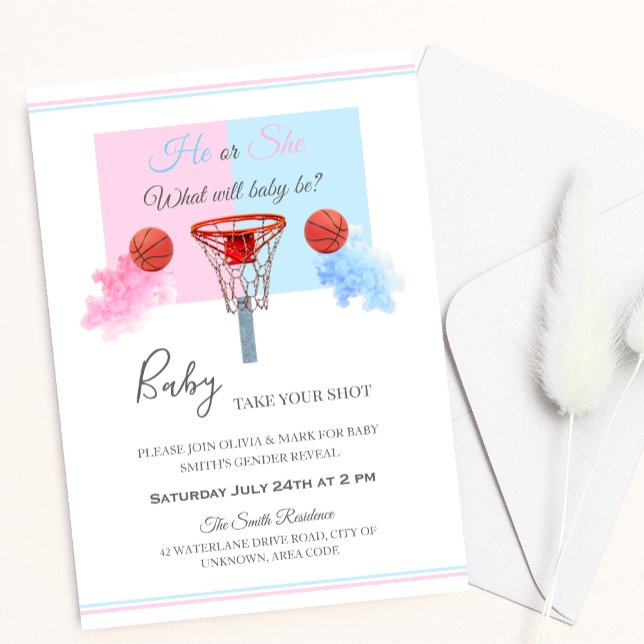 Pastel Blue Pink Smoke Basketball Gender Reveal Invitation (Creator Uploaded)
