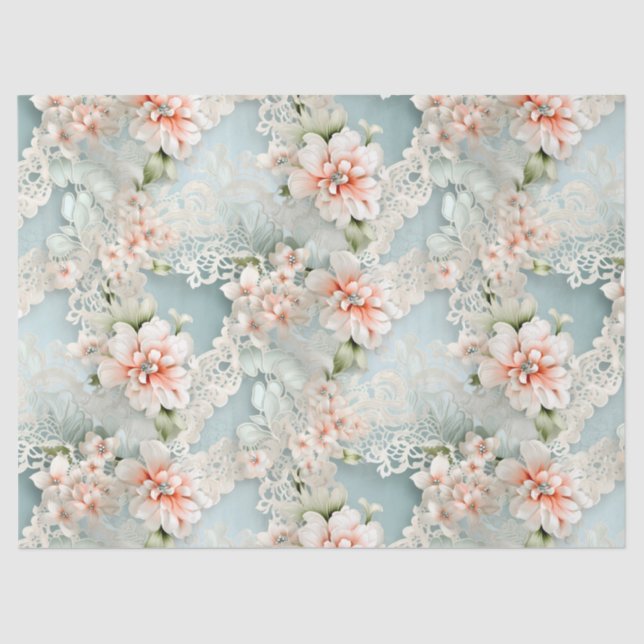 Pastel Blue & Pink Victorian Florals & Lace  Tissue Paper (Front)