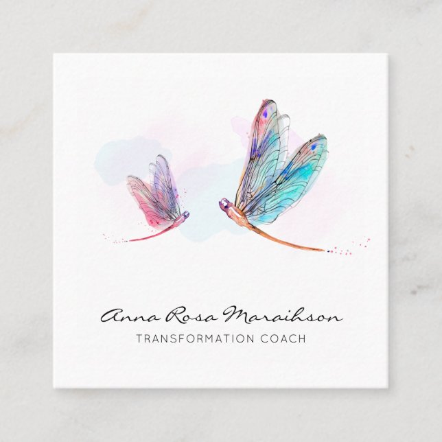 *~* Pastel Blue Pink Watercolor Dragonfly Business Square Business Card (Front)
