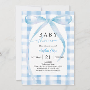 Pastel Blue Plaid Bow Baby Shower Invitation