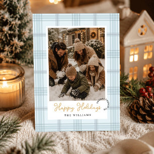 Pastel Blue Plaid Gingham Pattern Photos Christmas Holiday Card