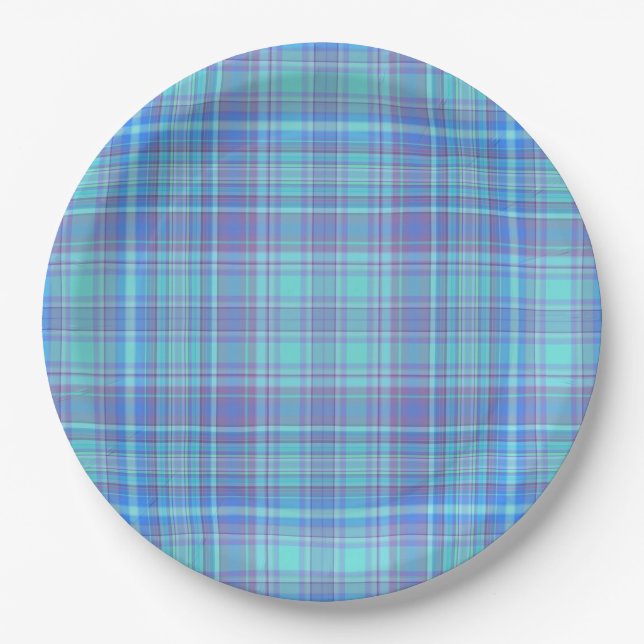Pastel Blue Plaid Paper Plate (Front)