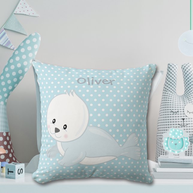 Pastel Blue Polka-Dot Baby Arctic Seal Monogram Cushion (Creator Uploaded)