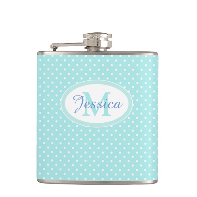 Pastel Blue Polka Dot Personalised Hip Flask (Front)