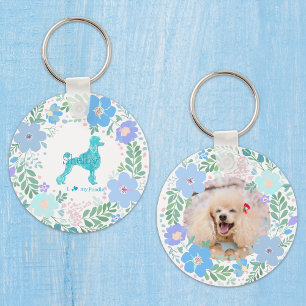 Pastel Blue Poodle Custom Floral Name & Photo Key Ring