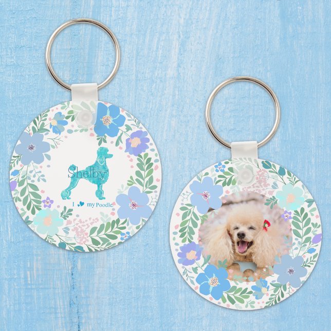 Pastel Blue Poodle Custom Floral Name & Photo Key Ring (Creator Uploaded)