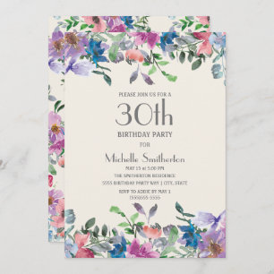 Pastel Blue Purple Floral Women's 30th Birthday Invitation