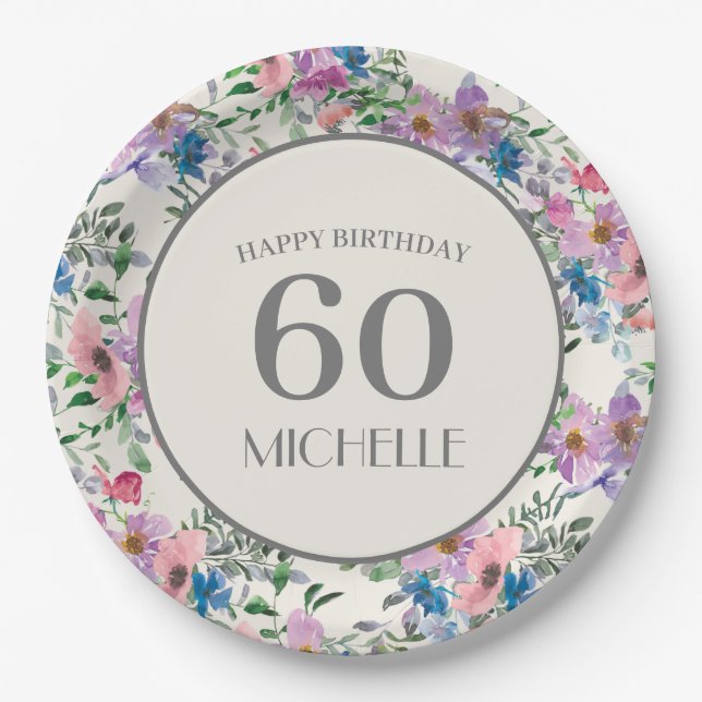 Pastel Blue Purple Pink Floral 60th Birthday Paper Plate (Front)