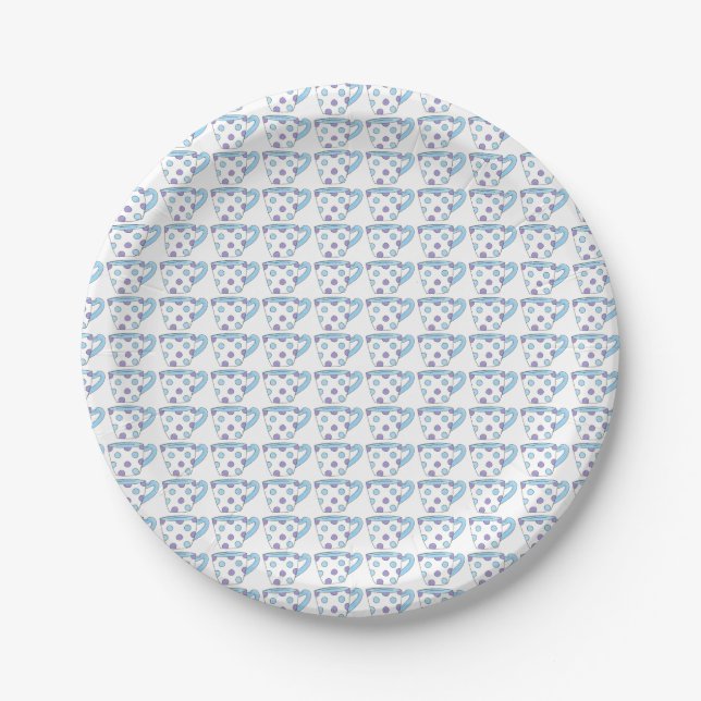 Pastel Blue Purple Polka Dot Teacup Tea Time Party Paper Plate (Front)