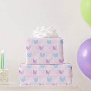 Pastel Blue Purple Tulips & Elegant Geometric Pink Wrapping Paper