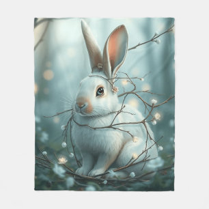 Pastel Blue Rabbit with Twigs and Flowers Fleece Blanket