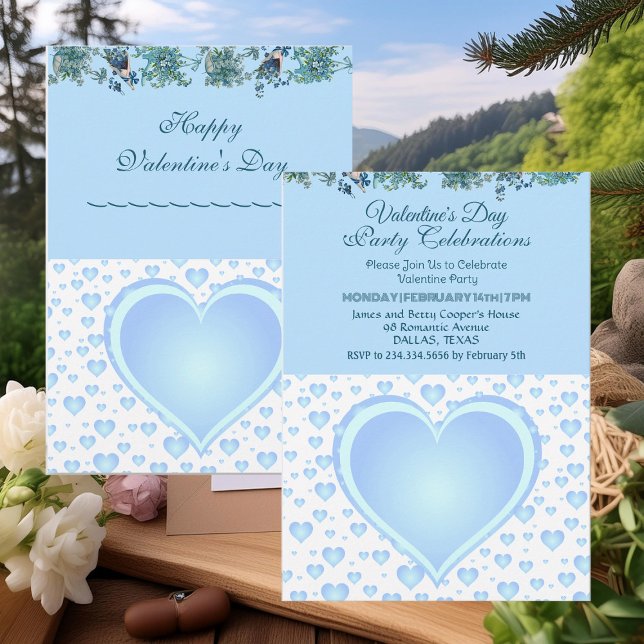 Pastel Blue Raining Hearts Valentine's Day Party  Invitation (Pastel Blue Raining Hearts Valentine's Day Party Invitation)