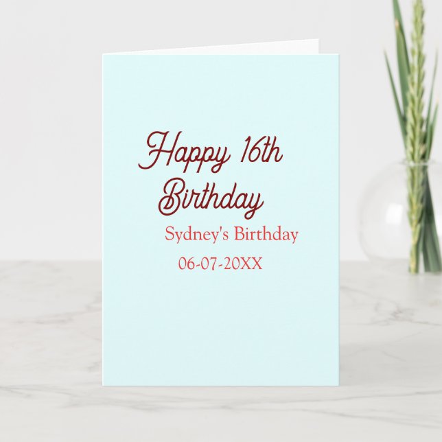 Pastel blue red happy 16th birthday name date eleg card (Front)