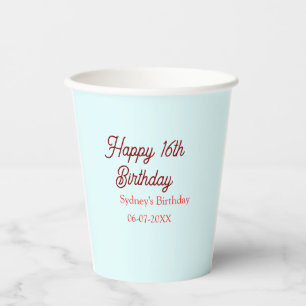 Pastel blue red happy 16th birthday name date eleg paper cups