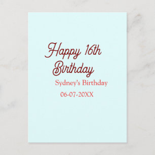Pastel blue red happy 16th birthday name date eleg postcard