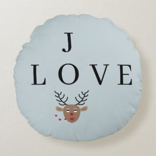 Pastel Blue Reindeer Love Joy Festive Christmas Round Cushion