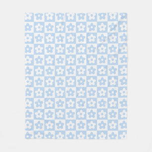 Pastel Blue Retro Checkered Flower Pattern Fleece Blanket
