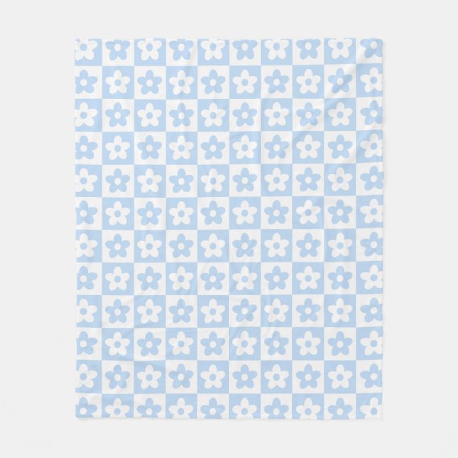 Pastel Blue Retro Chequered Flower Pattern Fleece Blanket (Front)