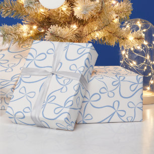 Pastel Blue Ribbon Bows on White Modern Holiday Wrapping Paper