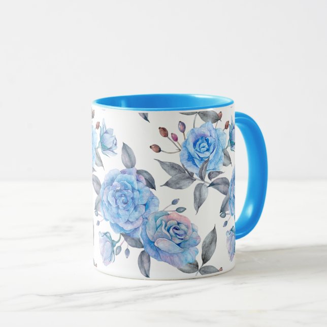 Pastel blue rose pattern mug (Front Right)