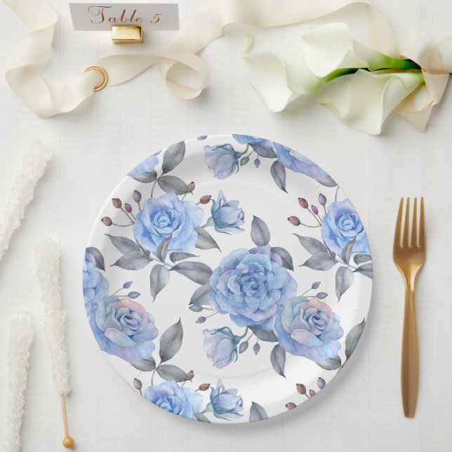 Pastel blue rose pattern paper plate (Wedding)