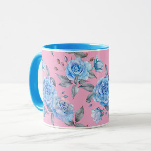 Pastel blue rose pattern, pink background, mug