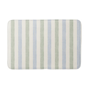 Pastel Blue Sage Green Stripe Boho Farmhouse Bath Mat