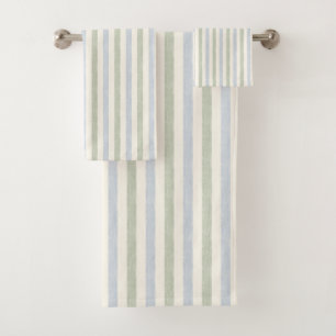 Pastel Blue Sage Green Stripe Boho Farmhouse Bath Towel Set