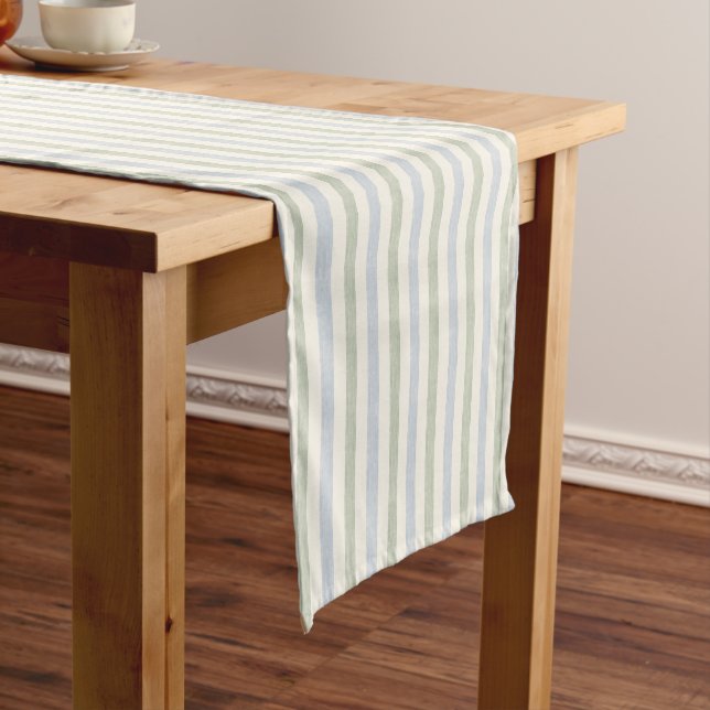 Pastel Blue Sage Green Stripe Boho Farmhouse Short Table Runner (In Situ)