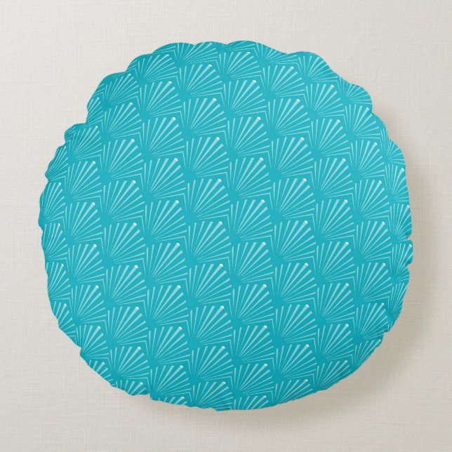 Pastel Blue Seashell Silhouette Diagonal Lines Art Round Cushion (Front)
