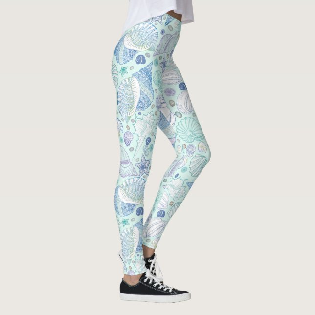 Pastel blue seashells seamless pattern leggings (Right)