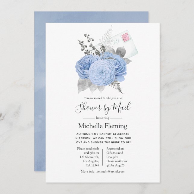 Pastel Blue & Silver Baby or Bridal Shower by Mail Invitation (Front/Back)