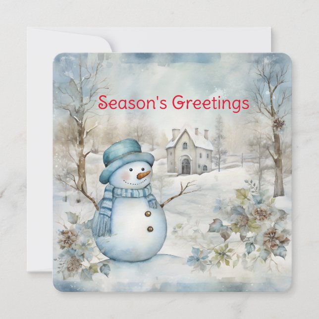 Pastel Blue Snowman and Old church Winter Scene Holiday Card (Front)
