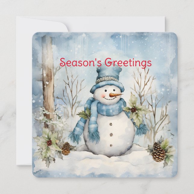 Pastel Blue Snowman Pine Cones Holly Winter Scene Holiday Card (Front)