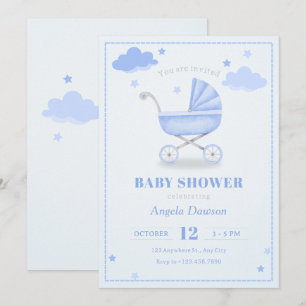 Pastel blue soft baby stroller baby shower  invitation