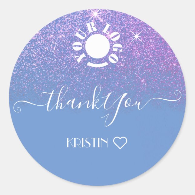Pastel Blue Soft Glitter Rain Logo Name Thank You Classic Round Sticker (Front)