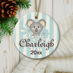 Pastel Blue Stripe Cute Baby Koala Kids Christmas Ceramic Ornament