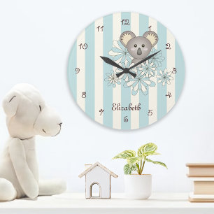 Pastel Blue Stripe Cute Baby Koala Kids Room Large Clock