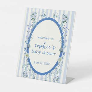 Pastel Blue Stripe Wreath Baby Shower Welcome Pedestal Sign