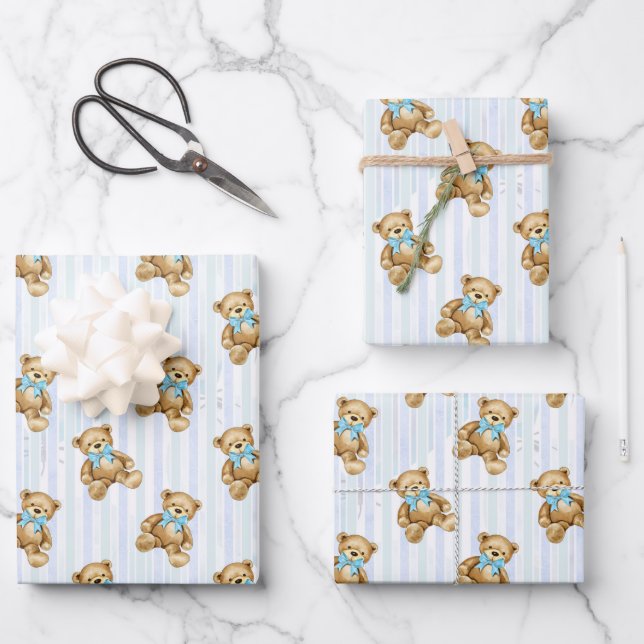 PASTEL BLUE STRIPES & BABY BOY TEDDY BEARS WRAPPING PAPER SHEET (Front)
