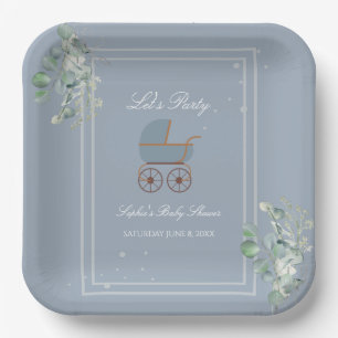 Pastel Blue Stripes Baby Carriage Baby Shower Paper Plate