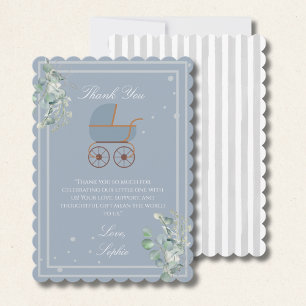 Pastel Blue Stripes Baby Carriage Baby Shower Thank You Card