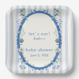 Pastel Blue Stripes Garden Floral Baby Shower Paper Plate