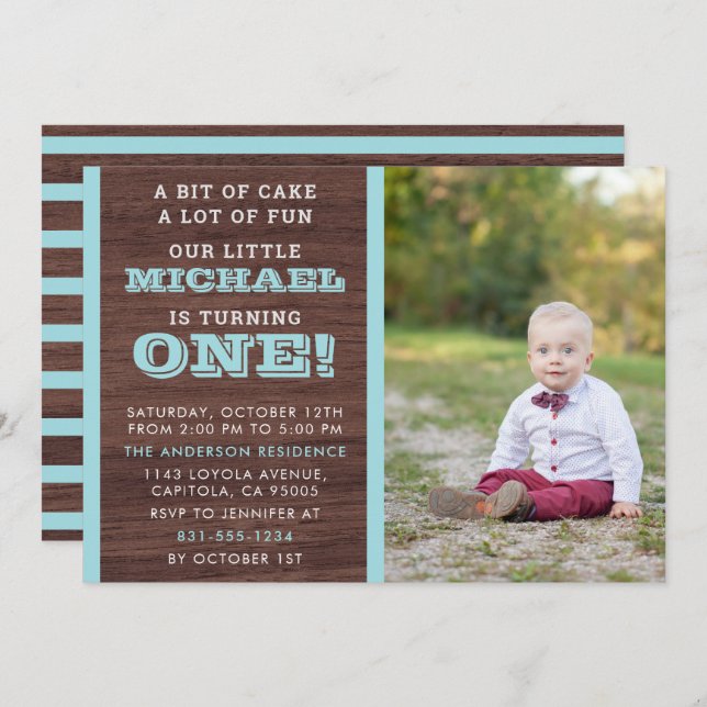 Pastel Blue Stripes On Wood Baby Boys 1st Birthday Invitation (Front/Back)