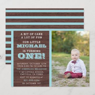 Pastel Blue Stripes On Wood Baby Boys 1st Birthday Invitation