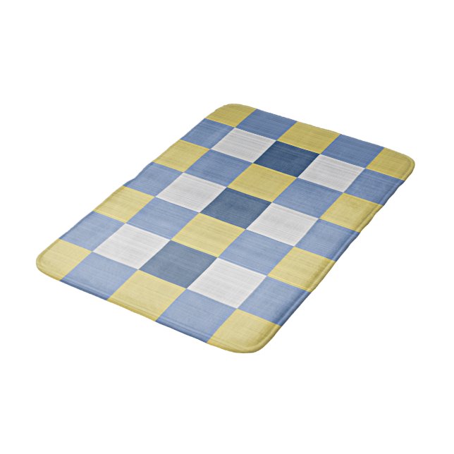 Pastel Blue Teal Yellow White Chequered Pattern Bath Mat (Angled)