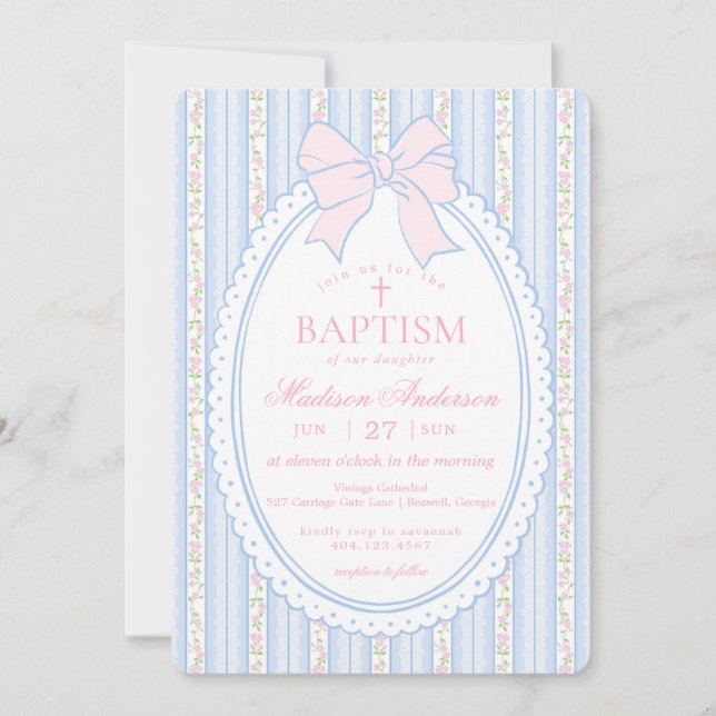Pastel Blue Vintage Fancy Floral Baptism Invitation (Front)