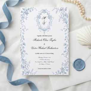 Pastel Blue Vintage Toile de Jouy Floral Wedding Invitation