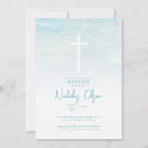 Pastel Blue Watercolor Baby Boy Baptism Invitation